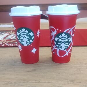 Starbucks 2022 & 2023 Festive Red and White Plastic Reusable Cups - See Descript
